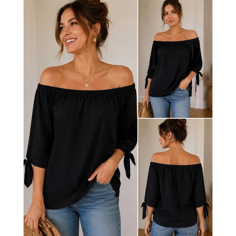 Anthropologie Guest Editor 100% Silk Off Shoulder Blouse Black Tie Sleeve Top M